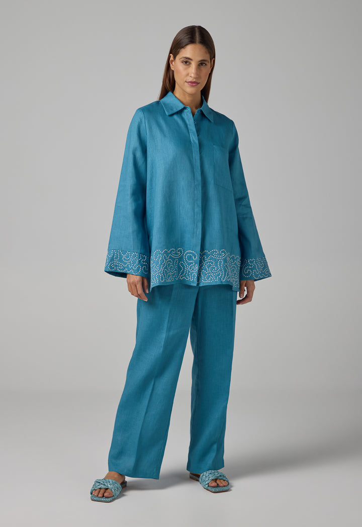Choice Embroidered Contrast Linen Shirt Blue