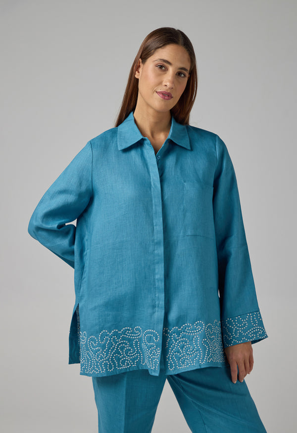 Choice Embroidered Contrast Linen Shirt Blue