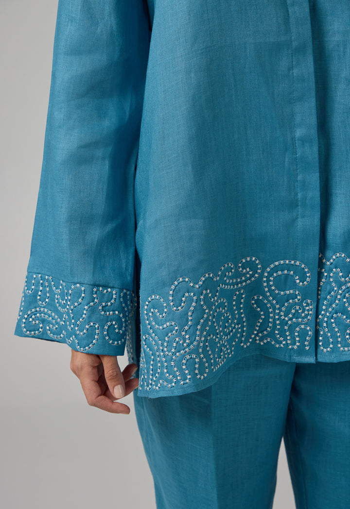 Choice Embroidered Contrast Linen Shirt Blue