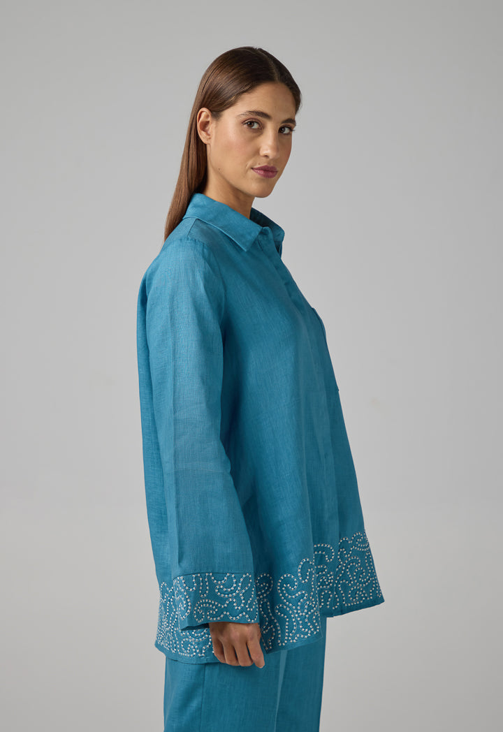 Choice Embroidered Contrast Linen Shirt Blue