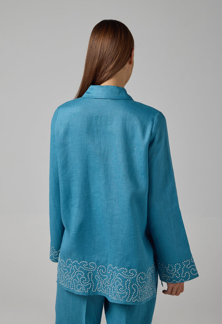 Choice Embroidered Contrast Linen Shirt Blue