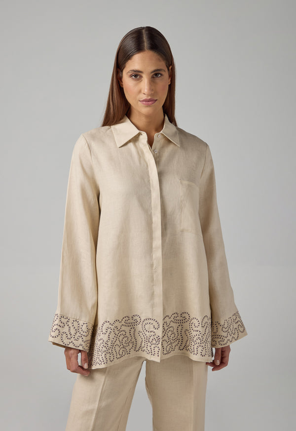 Choice Embroidered Contrast Linen Shirt Beige