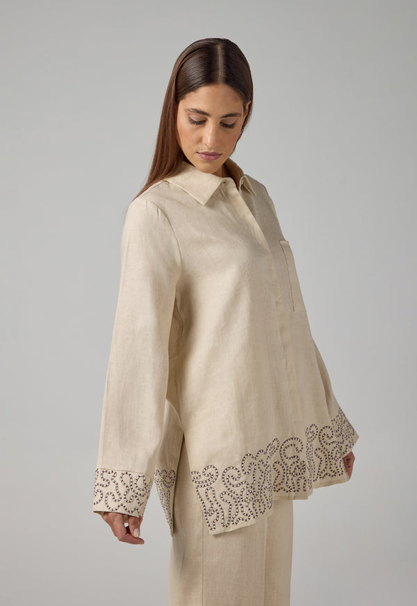 Choice Embroidered Contrast Linen Shirt Beige