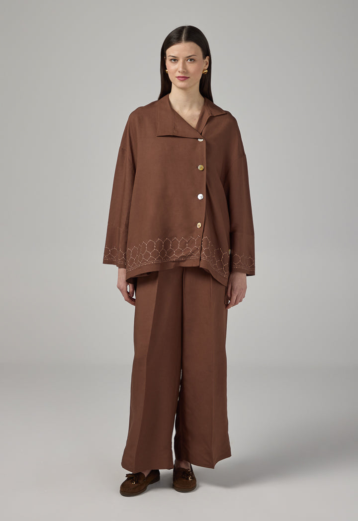 Choice High-Low Long Sleeve Solid Shirt Brown