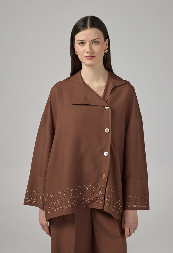 Choice High-Low Long Sleeve Solid Shirt Brown