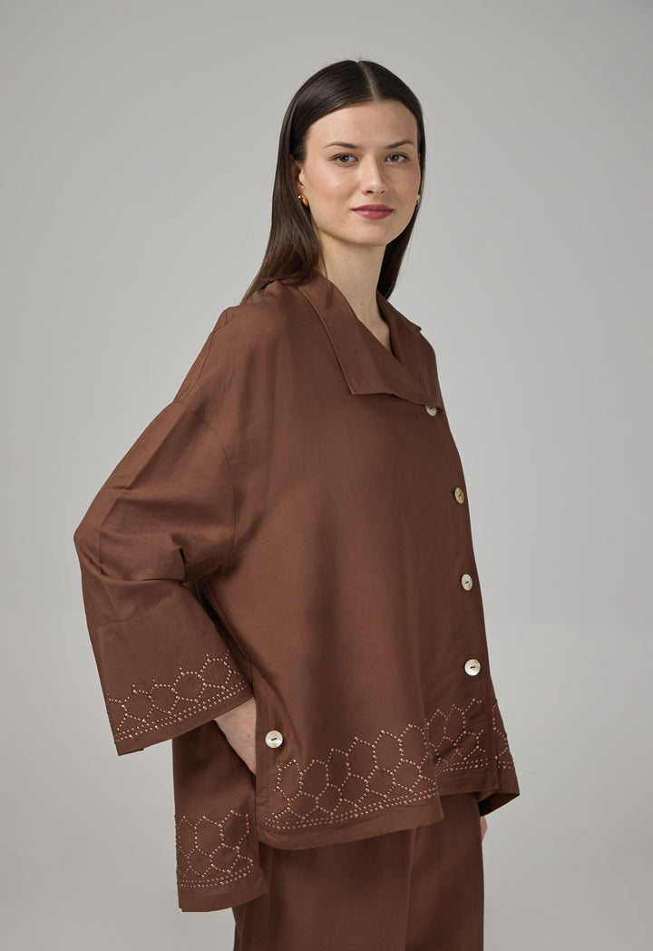 Choice High-Low Long Sleeve Solid Shirt Brown