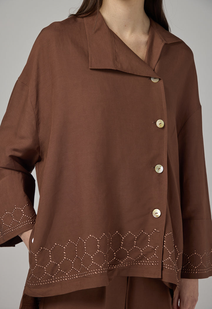 Choice High-Low Long Sleeve Solid Shirt Brown