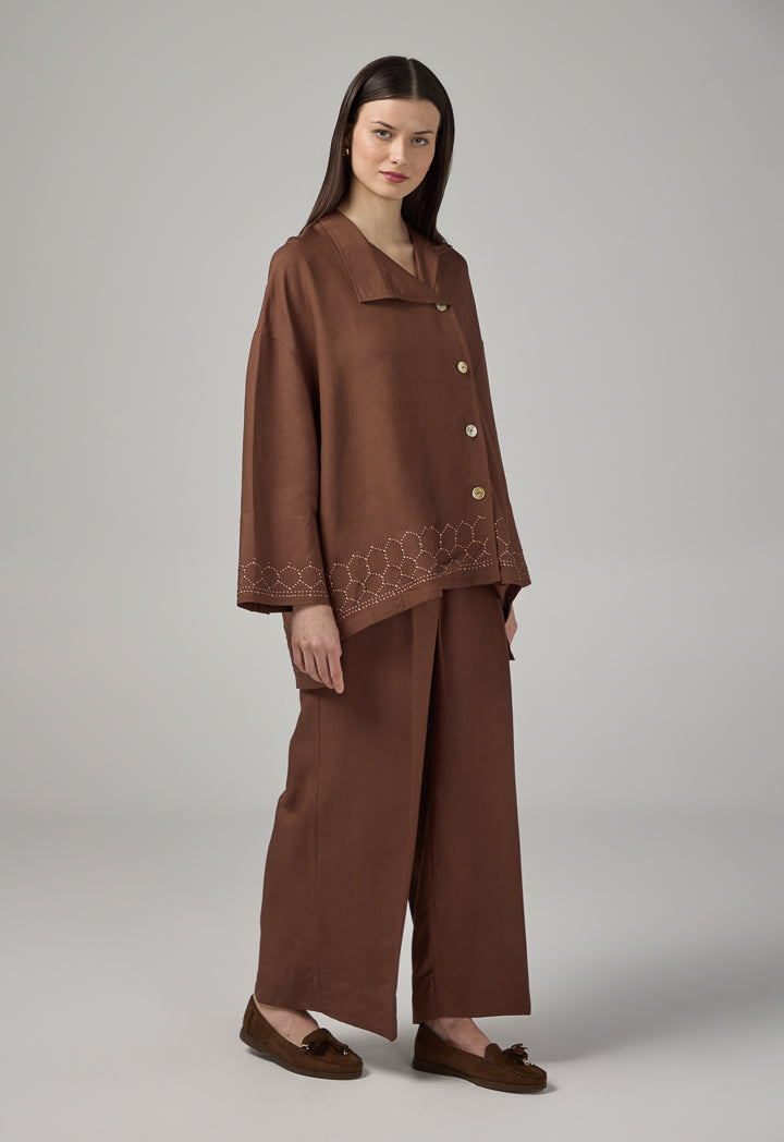 Choice High-Low Long Sleeve Solid Shirt Brown