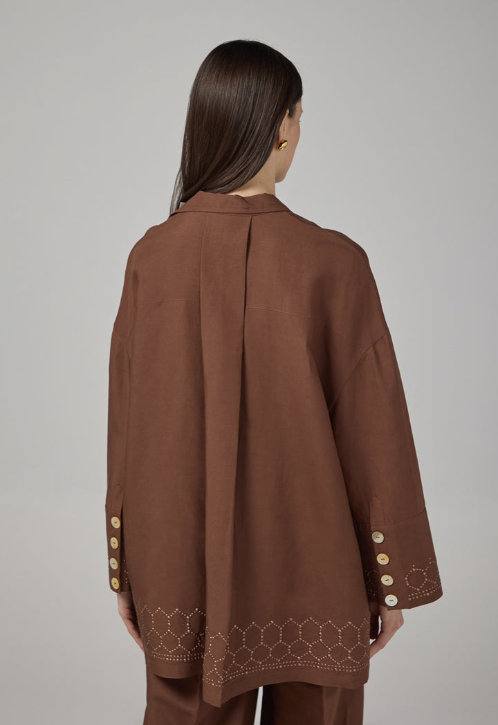 Choice High-Low Long Sleeve Solid Shirt Brown