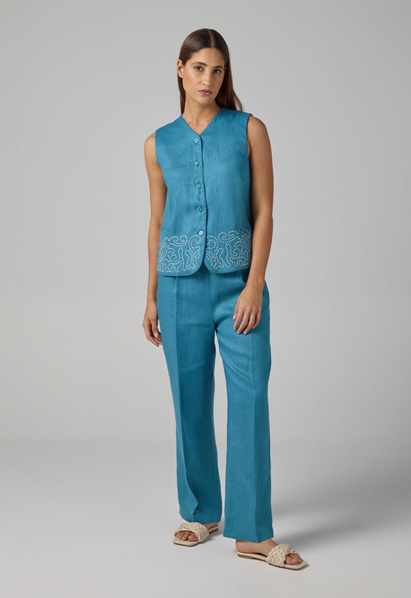 Choice Embroidered Sleeveless Gilet Blue