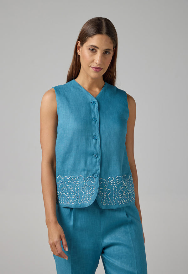 Choice Embroidered Sleeveless Gilet Blue