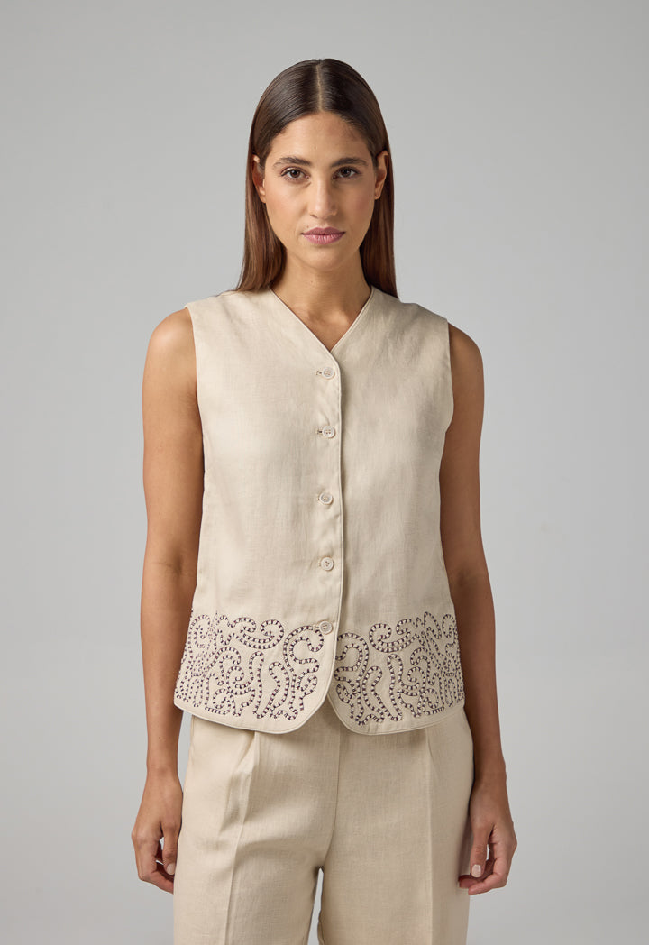 Choice Embroidered Sleeveless Gilet Beige