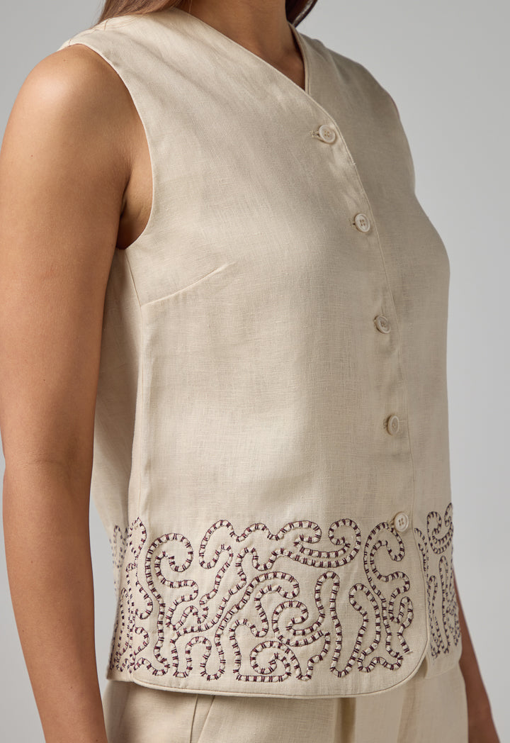 Choice Embroidered Sleeveless Gilet Beige