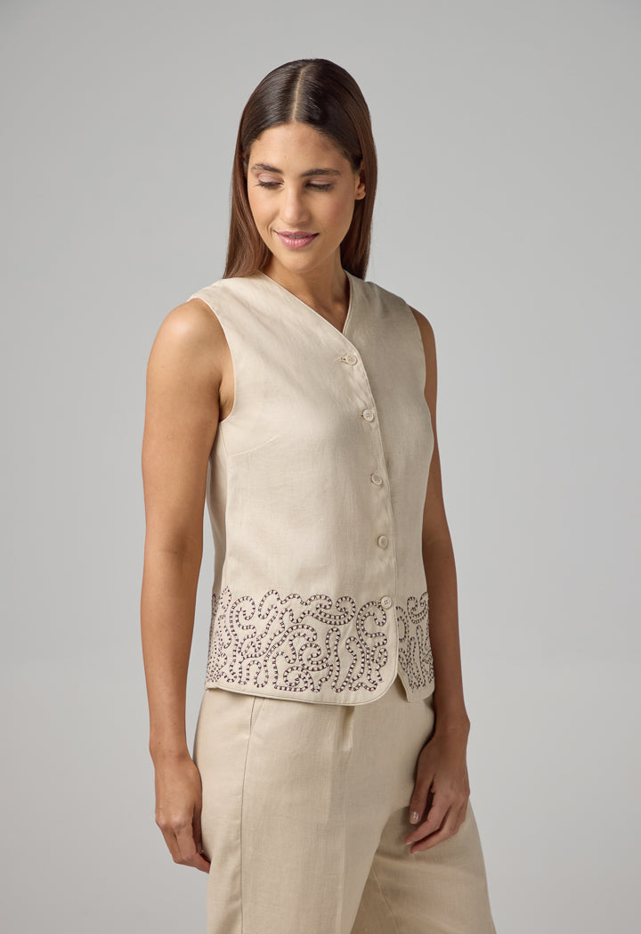 Choice Embroidered Sleeveless Gilet Beige