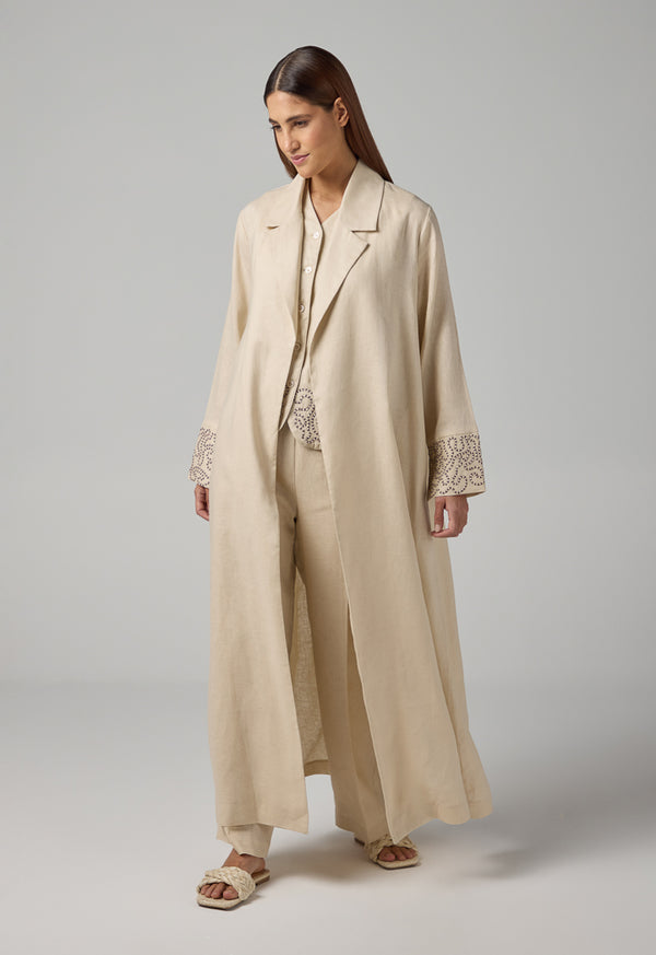 Choice Embroidered Contrast Maxi Belted Abaya Beige