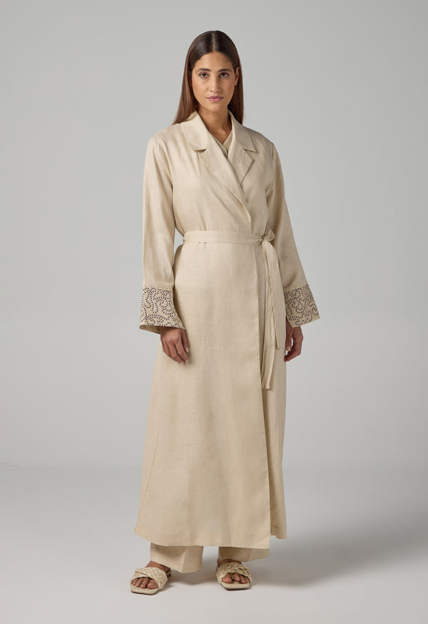 Choice Embroidered Contrast Maxi Belted Abaya Beige