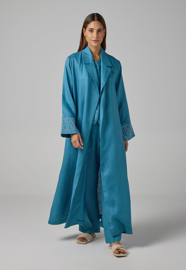 Choice Embroidered Contrast Maxi Belted Abaya Blue