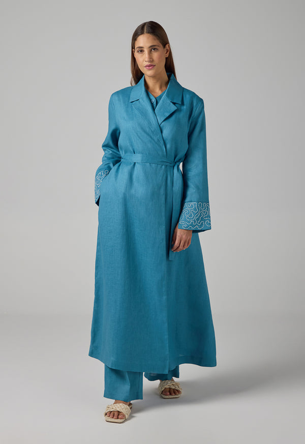 Choice Embroidered Contrast Maxi Belted Abaya Blue