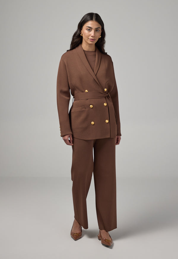 Choice Front Pockets Knitted Belted Jacket Brown