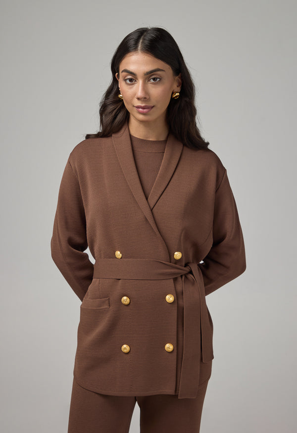 Choice Front Pockets Knitted Belted Jacket Brown