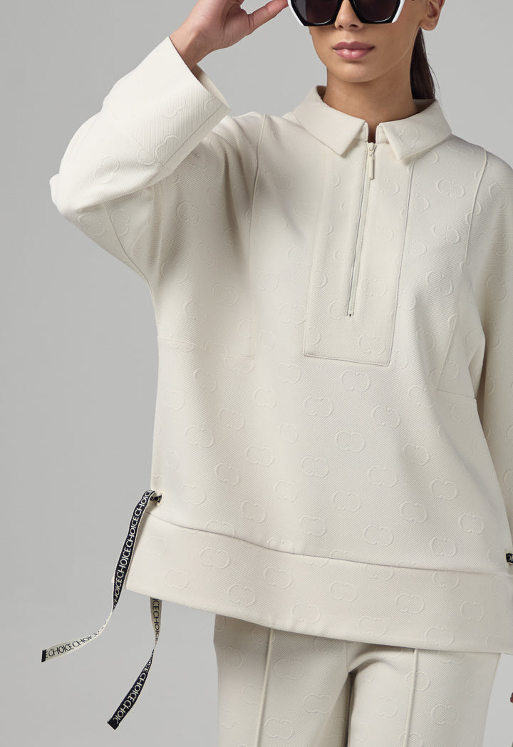Choice Front Half-Zip Monogram Blouse Sand