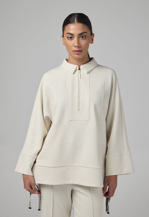 Choice Front Half-Zip Monogram Blouse Sand