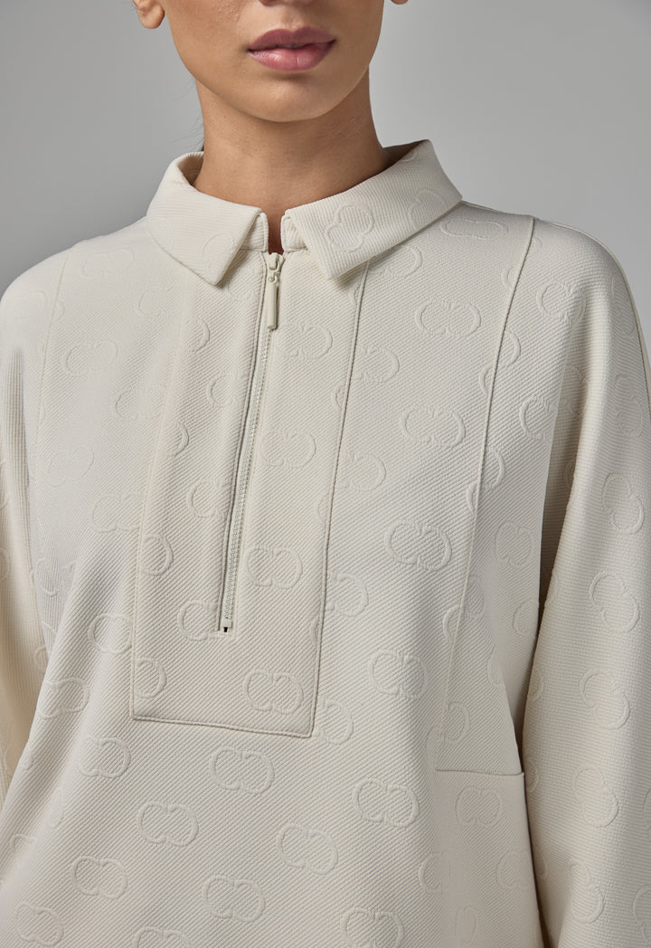 Choice Front Half-Zip Monogram Blouse Sand