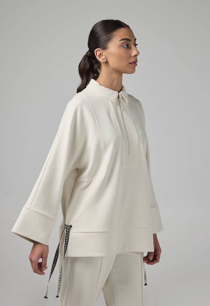 Choice Front Half-Zip Monogram Blouse Sand
