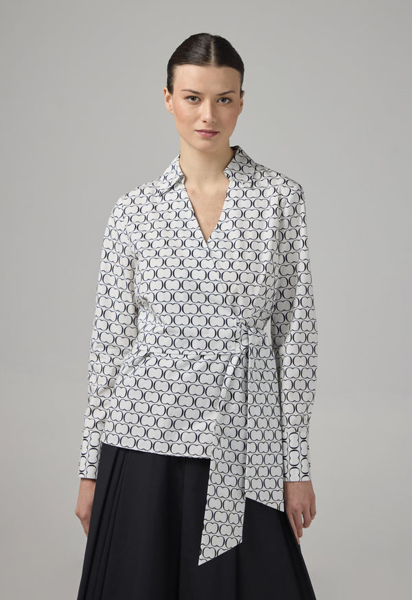 Choice Monogram Print Wrap Blouse Black-White