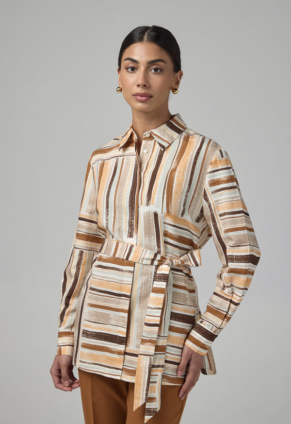 Choice Long Sleeve Belted Printed Shirt Multi Color