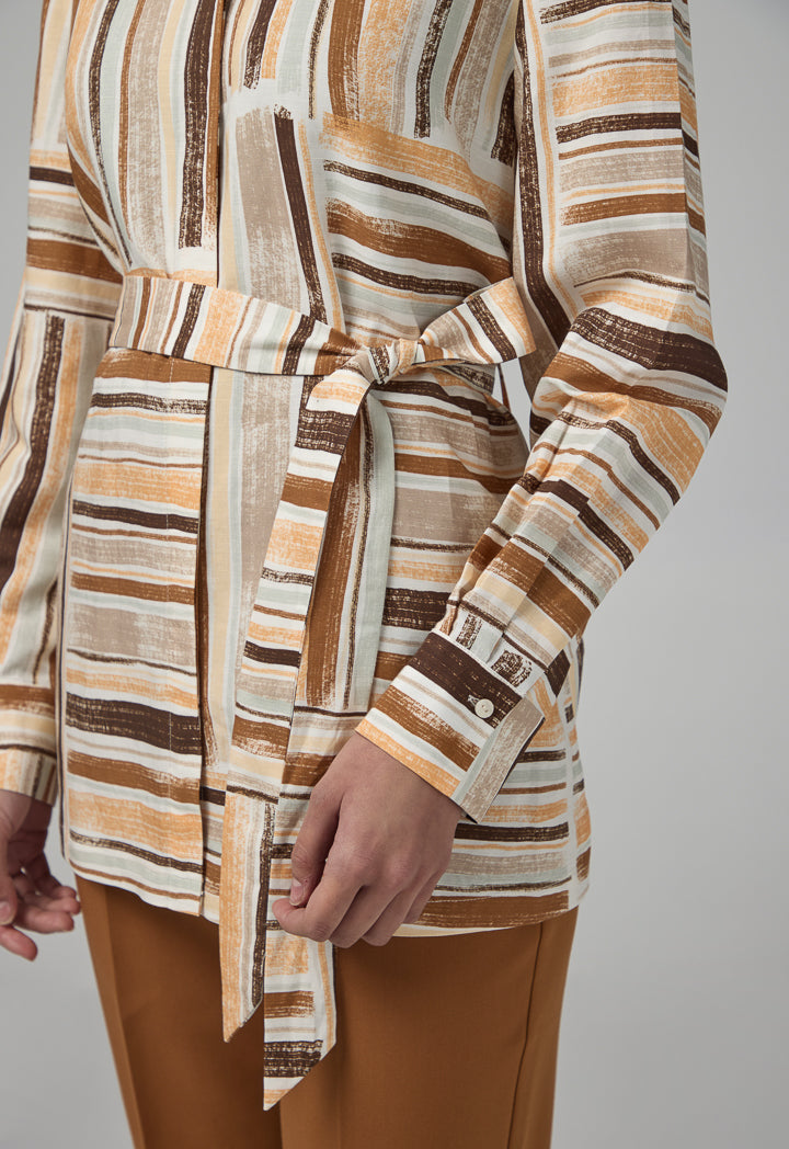 Choice Long Sleeve Belted Printed Shirt Multi Color