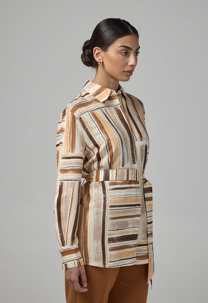 Choice Long Sleeve Belted Printed Shirt Multi Color