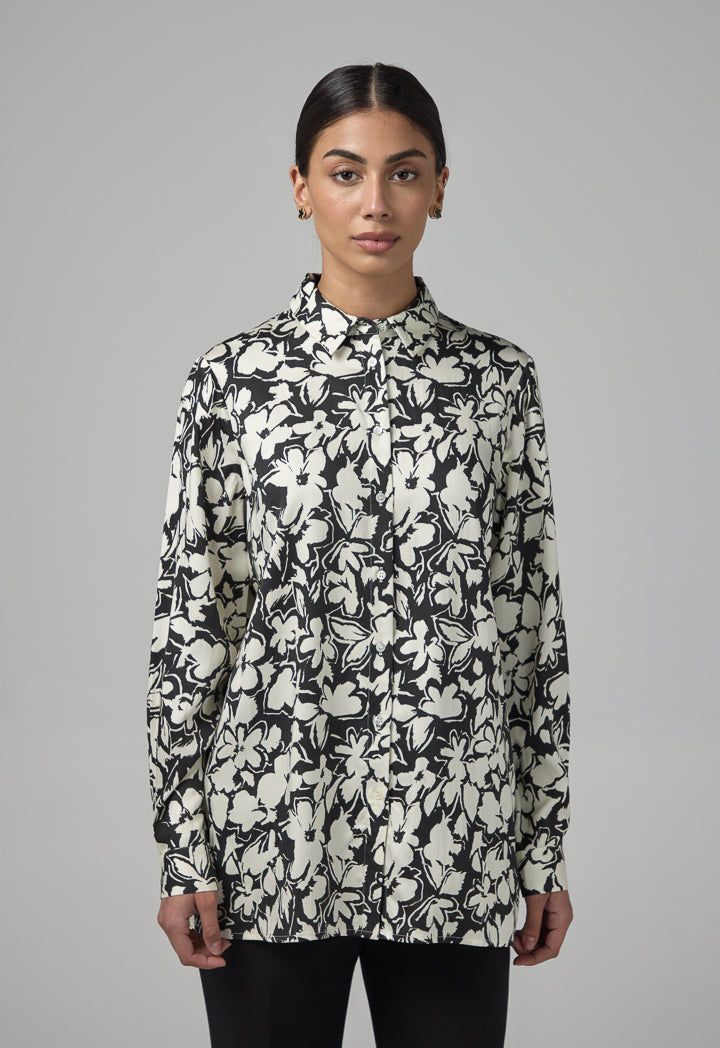 Choice Floral Printed Long Sleeve Shirt  Black