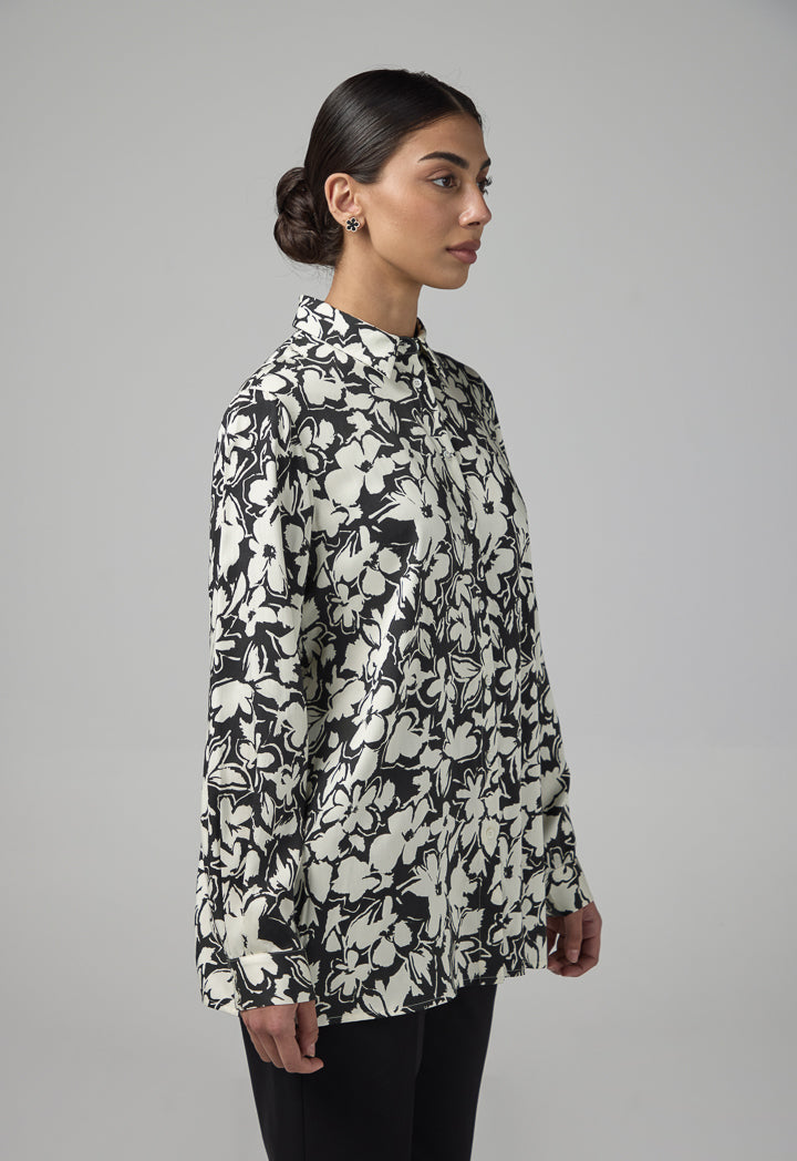Choice Floral Printed Long Sleeve Shirt  Black