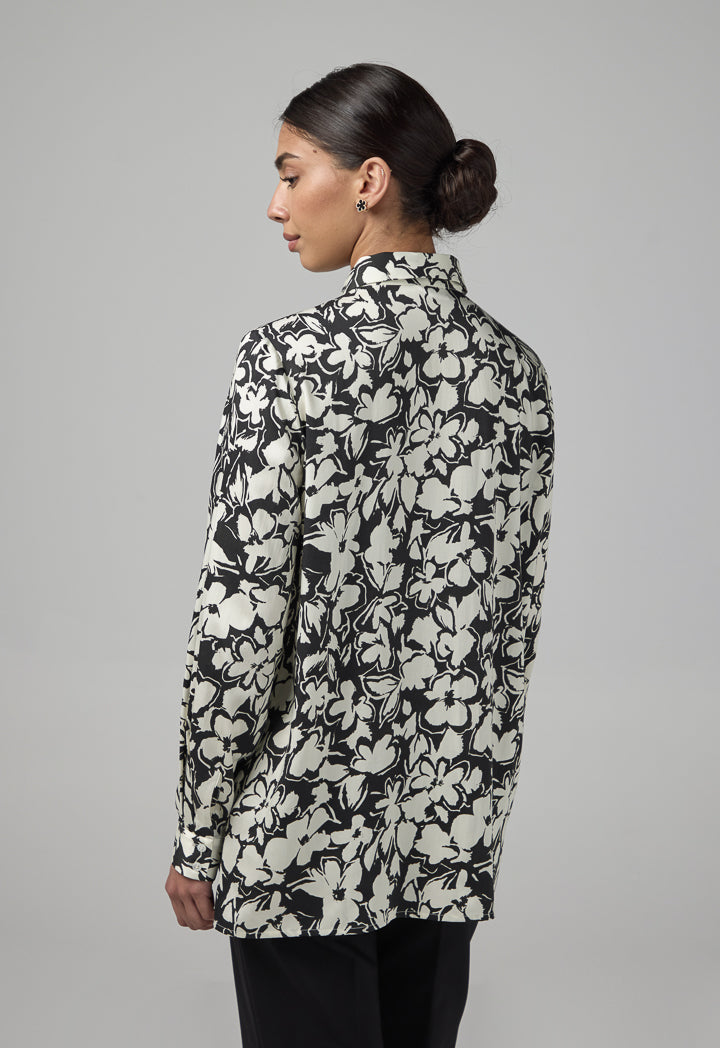 Choice Floral Printed Long Sleeve Shirt  Black