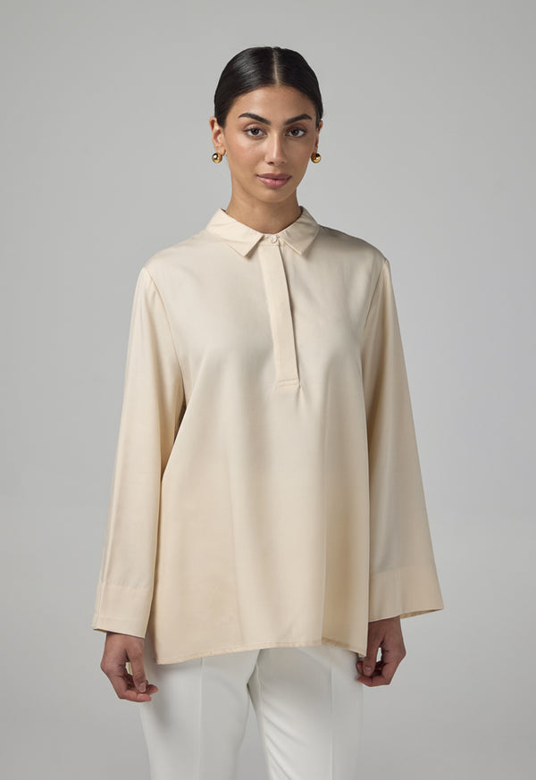 Choice Half Buttons Basic Shirt  Beige