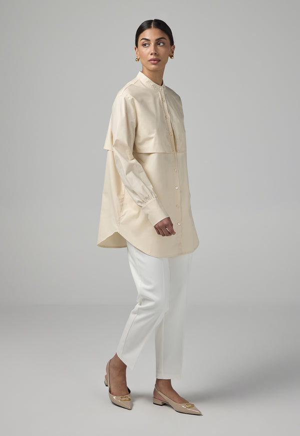 Choice Mandarin Collar Basic Shirt  Beige
