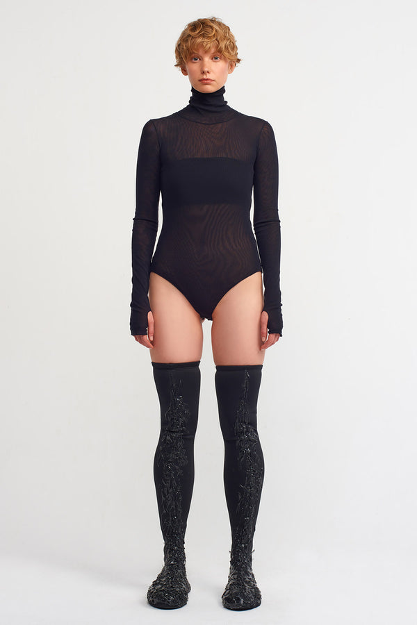 NU Turtleneck Tulle Bodysuit Black