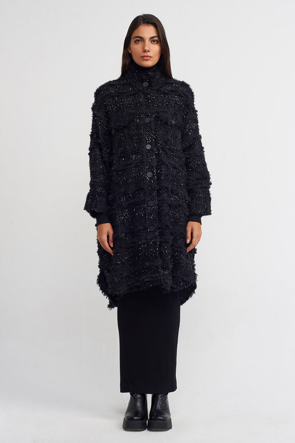 NU Stylish Long Jacket With Glossy Details Black