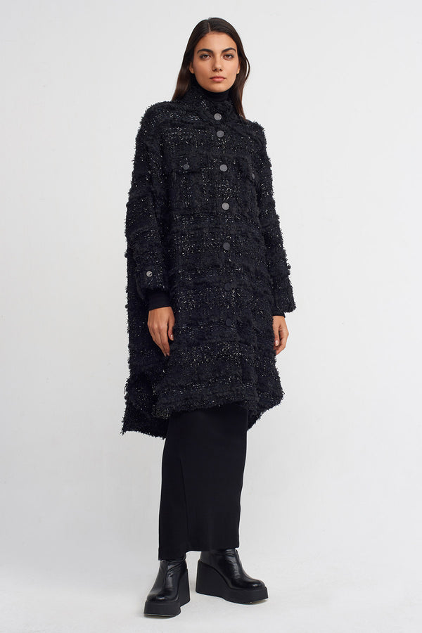 NU Stylish Long Jacket With Glossy Details Black