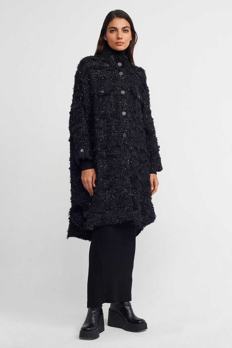 NU Stylish Long Jacket With Glossy Details Black