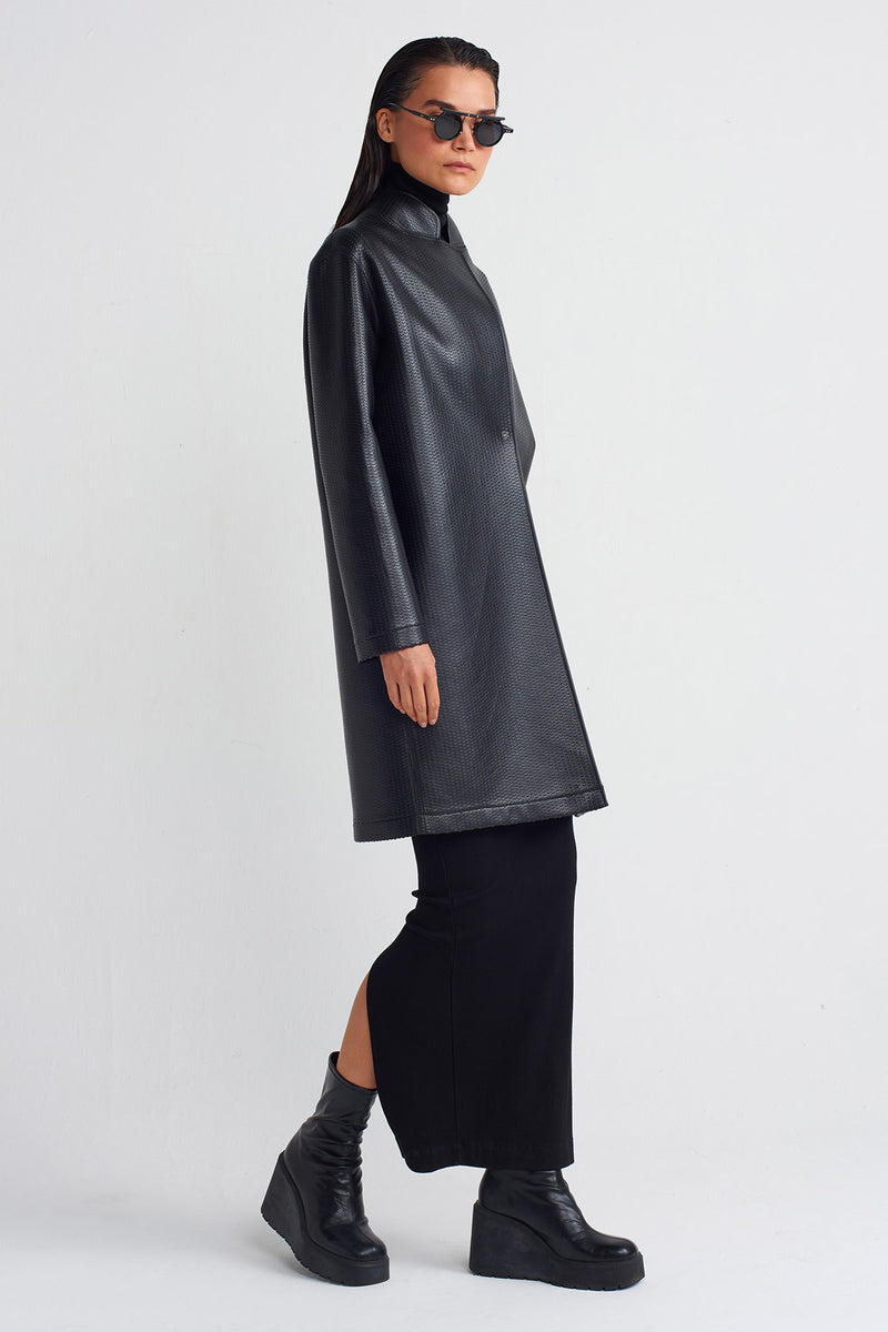 NU Textured Leather Long Jacket Black