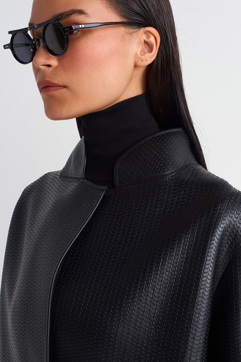 NU Textured Leather Long Jacket Black