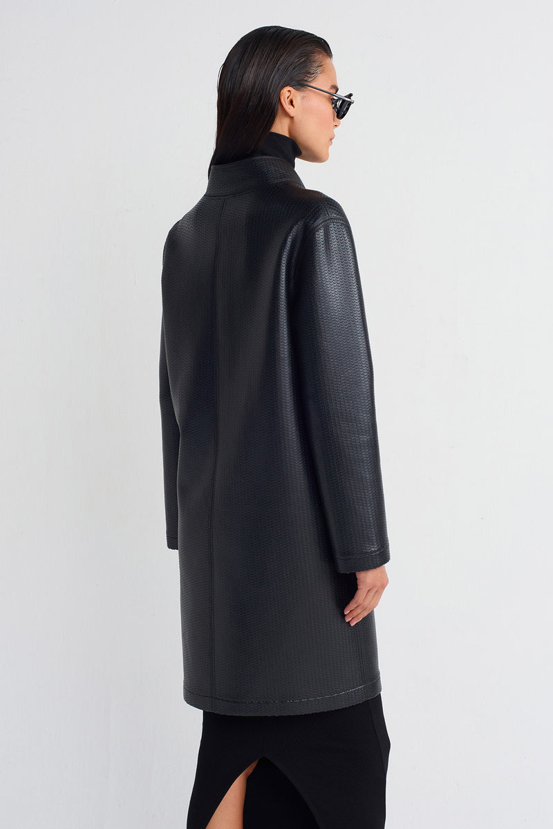 NU Textured Leather Long Jacket Black