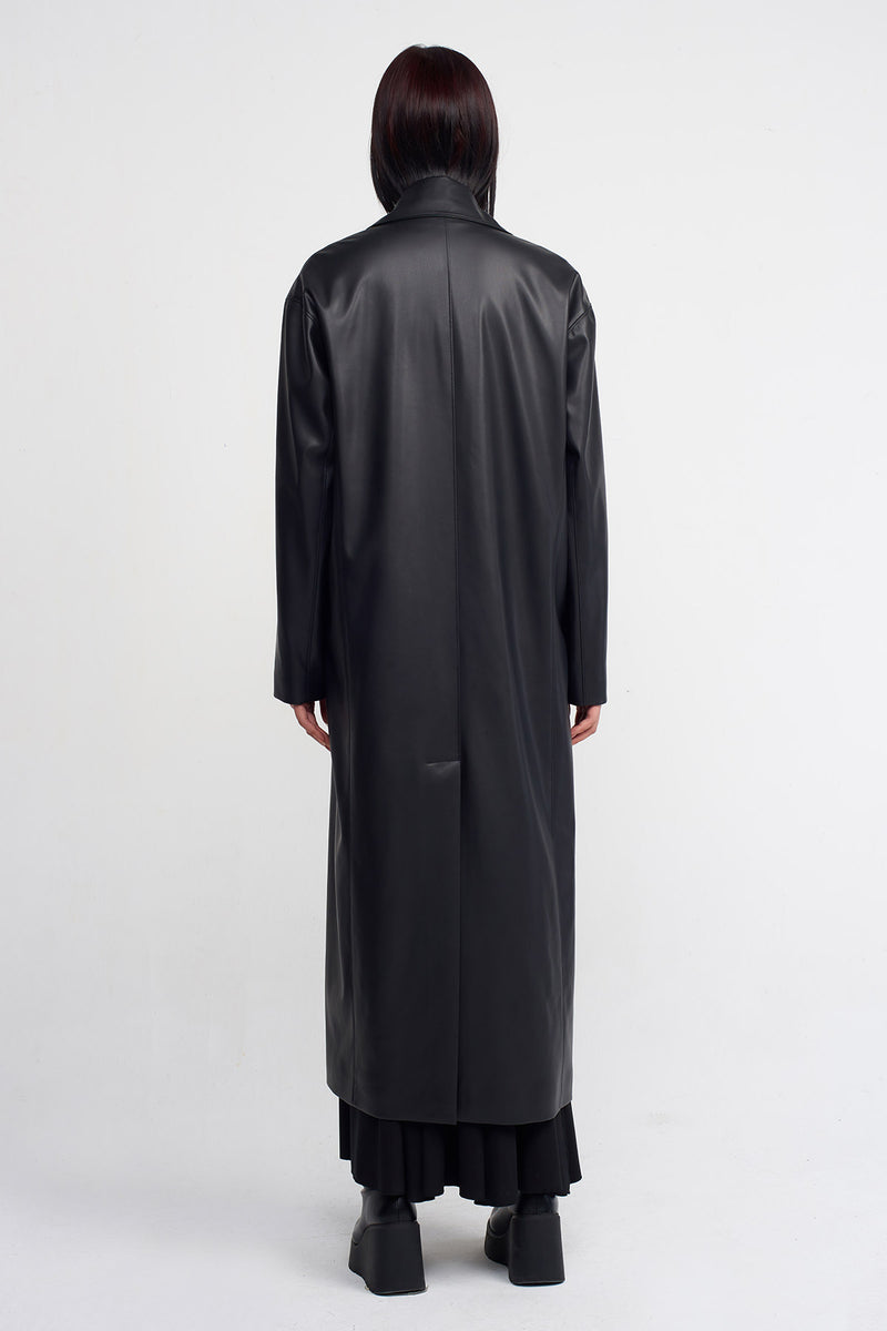 NU Vegan Leather Long Coat Black