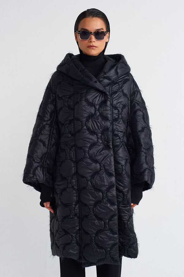 NU Droplet Quilted Puffer Long Coat Black