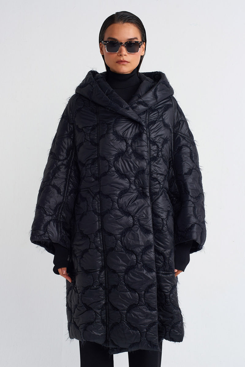 NU Droplet Quilted Puffer Long Coat Black