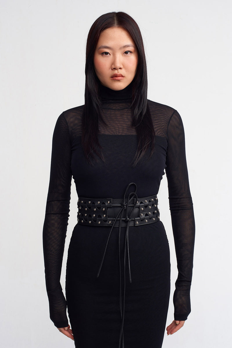 NU Leather Striped Belt Black