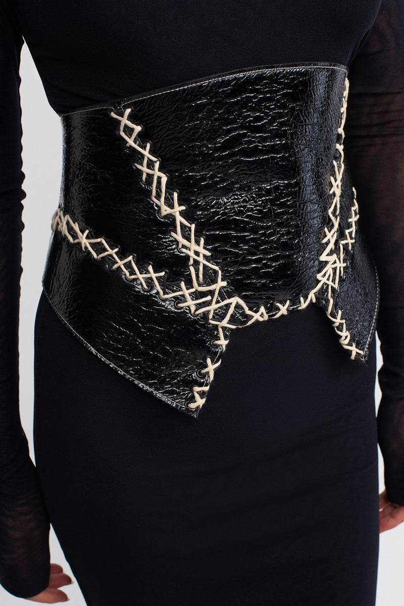 NU Hand-Stitched Leather Corset Belt Black