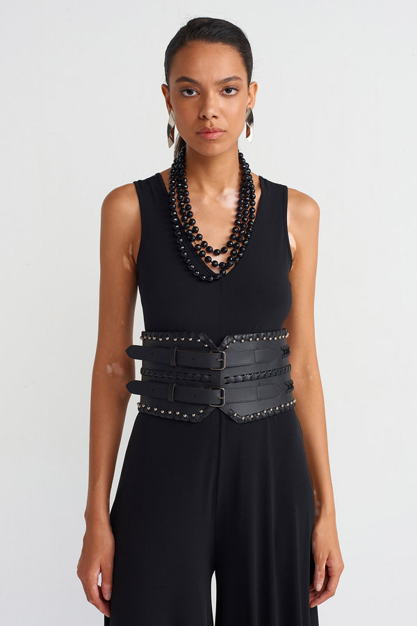 NU Thick Double Buckle Leather Chic Belt Black